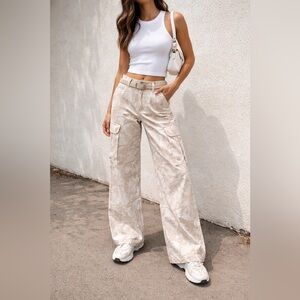 Refrain LA Neutral Camo Cargo Pants Wide Leg Utility Streetwear Y2K Aesthetic